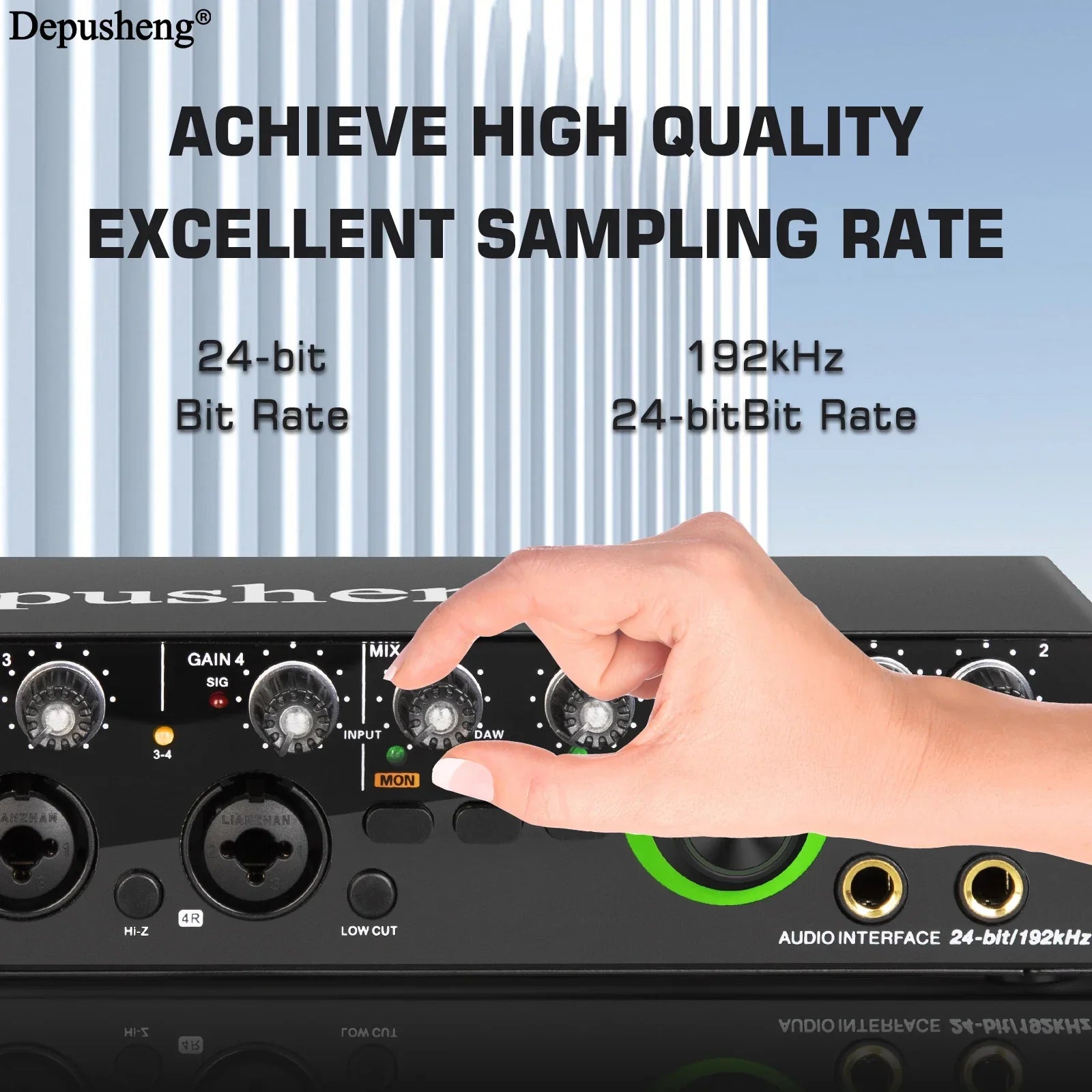 Black depusheng audio interface with silver knobs and green accent ring featuring 24-bit 192khz for monitoring electric guitar and studio singing podcast