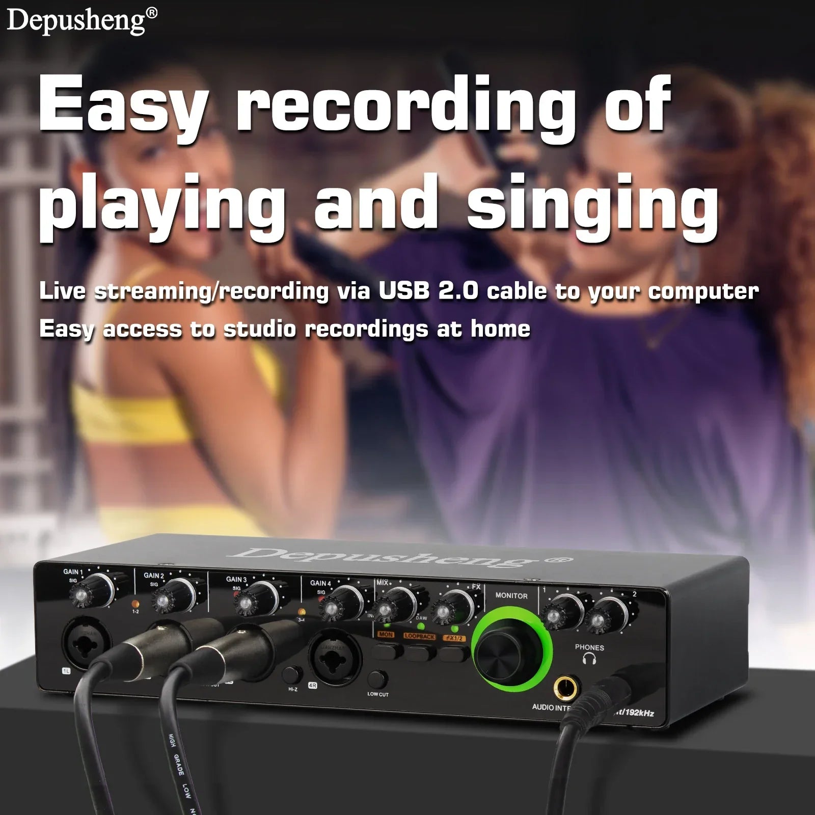 Black depusheng audio interface rx4 with green accent knob and multiple ports for monitoring electric guitar and studio singing podcast