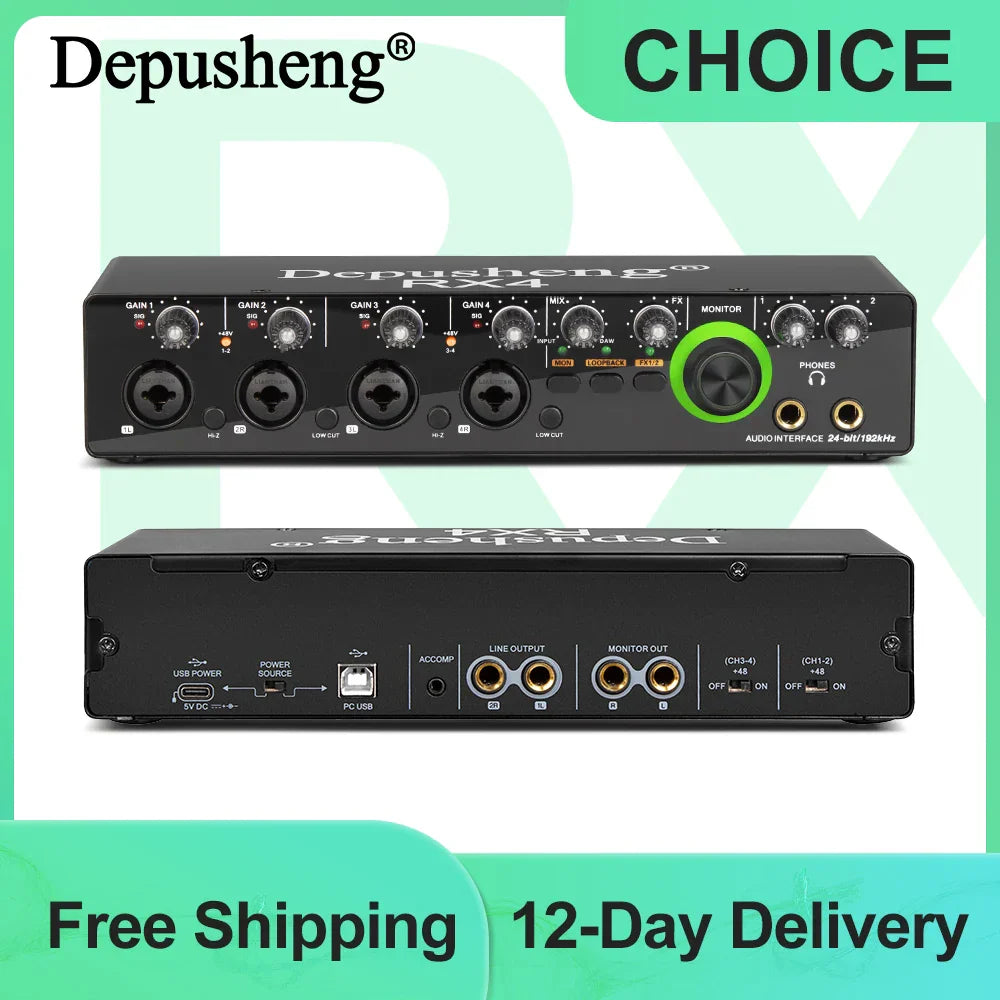 Black depusheng RX4 audio interface with green knob and multiple ports for monitoring electric guitar and studio singing podcast