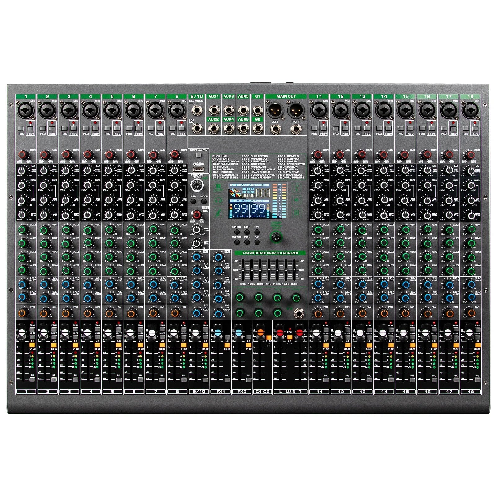 Black and green depusheng digital mixer with 18 channels 99bit dps reverb chip bluetooth usb for studio and dj use