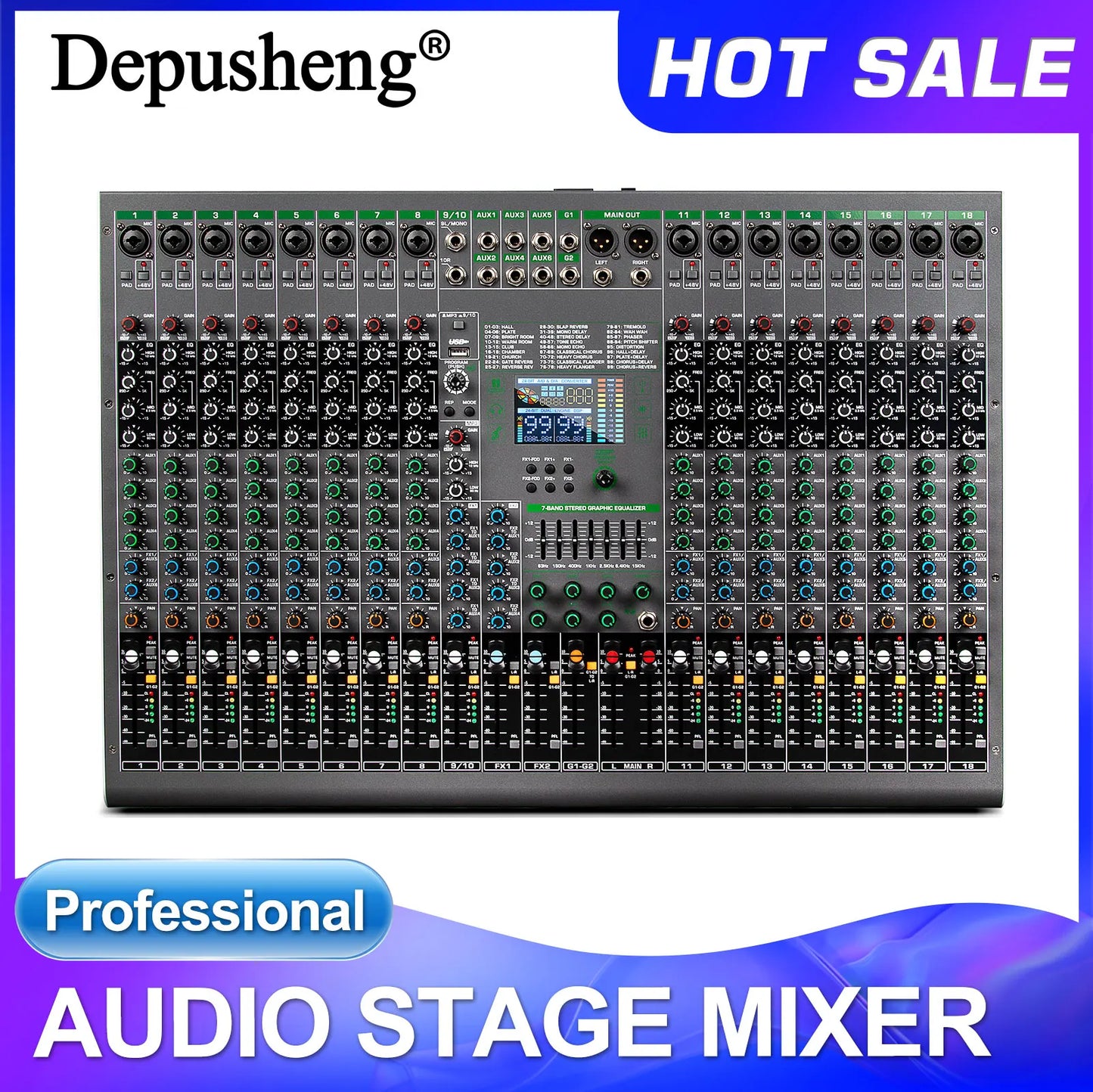 Depusheng digital mixer professional audio mixer 18 channels black and green with knobs sliders Bluetooth USB MP3 for studio