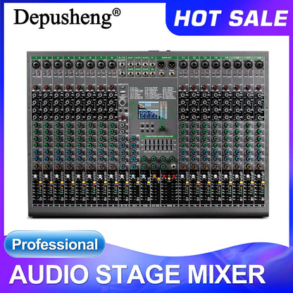 Depusheng digital mixer professional audio mixer 18 channels black and green with knobs sliders Bluetooth USB MP3 for studio