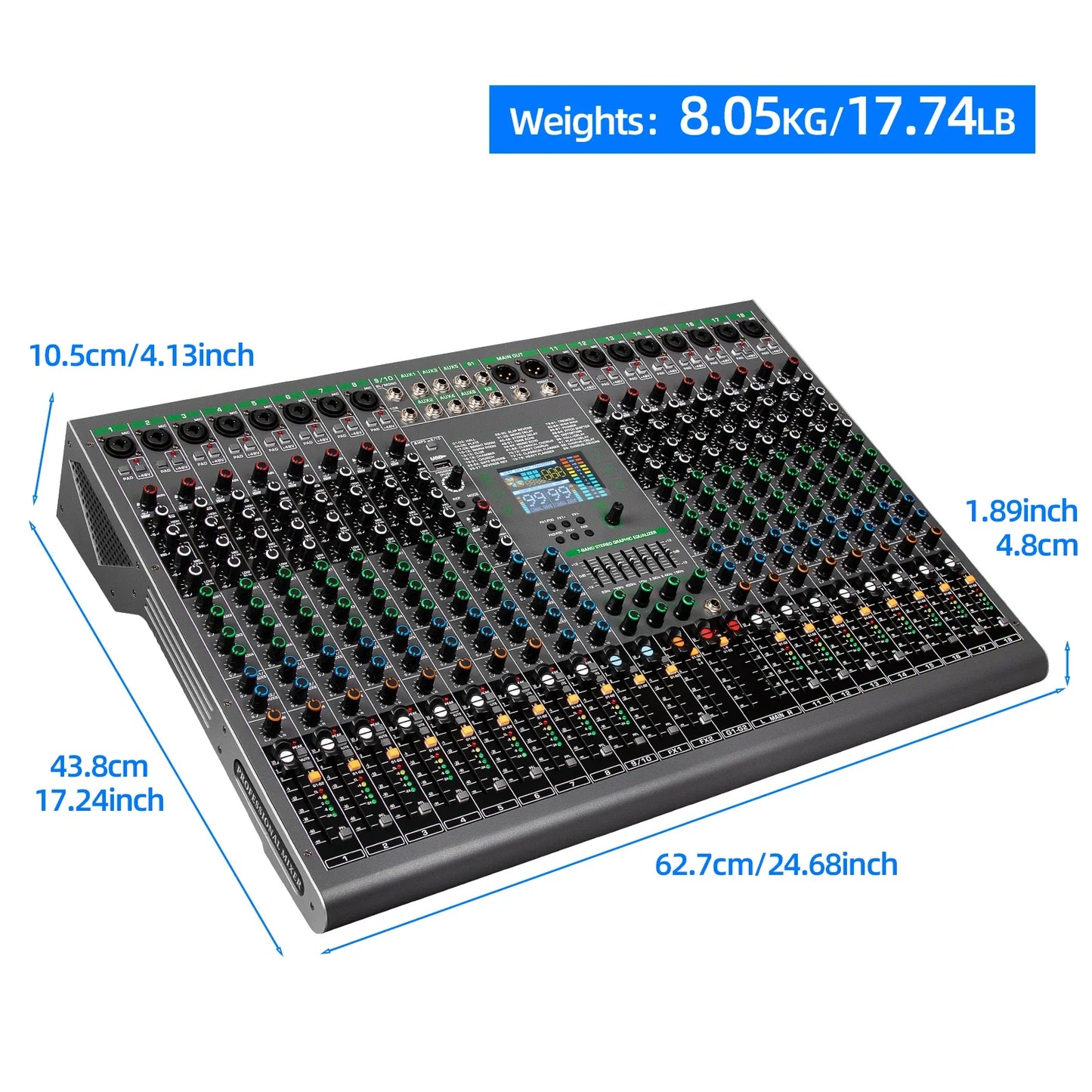 Depusheng black digital audio mixer with colorful knobs and central display for 18 channels and Bluetooth USB MP3 use