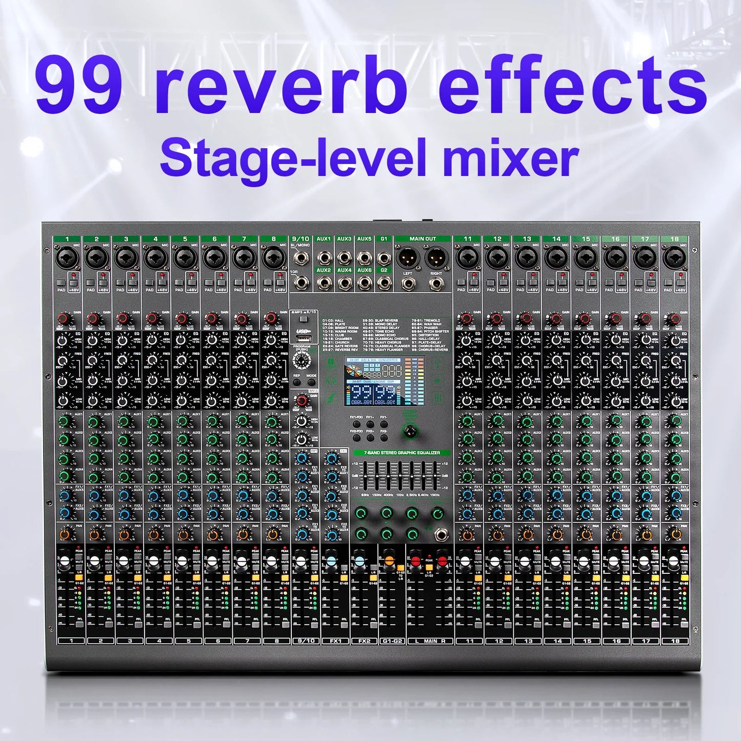 Depusheng digital stage-level mixer with 18 channels 99 reverb effects black silver metallic chassis with colorful knobs