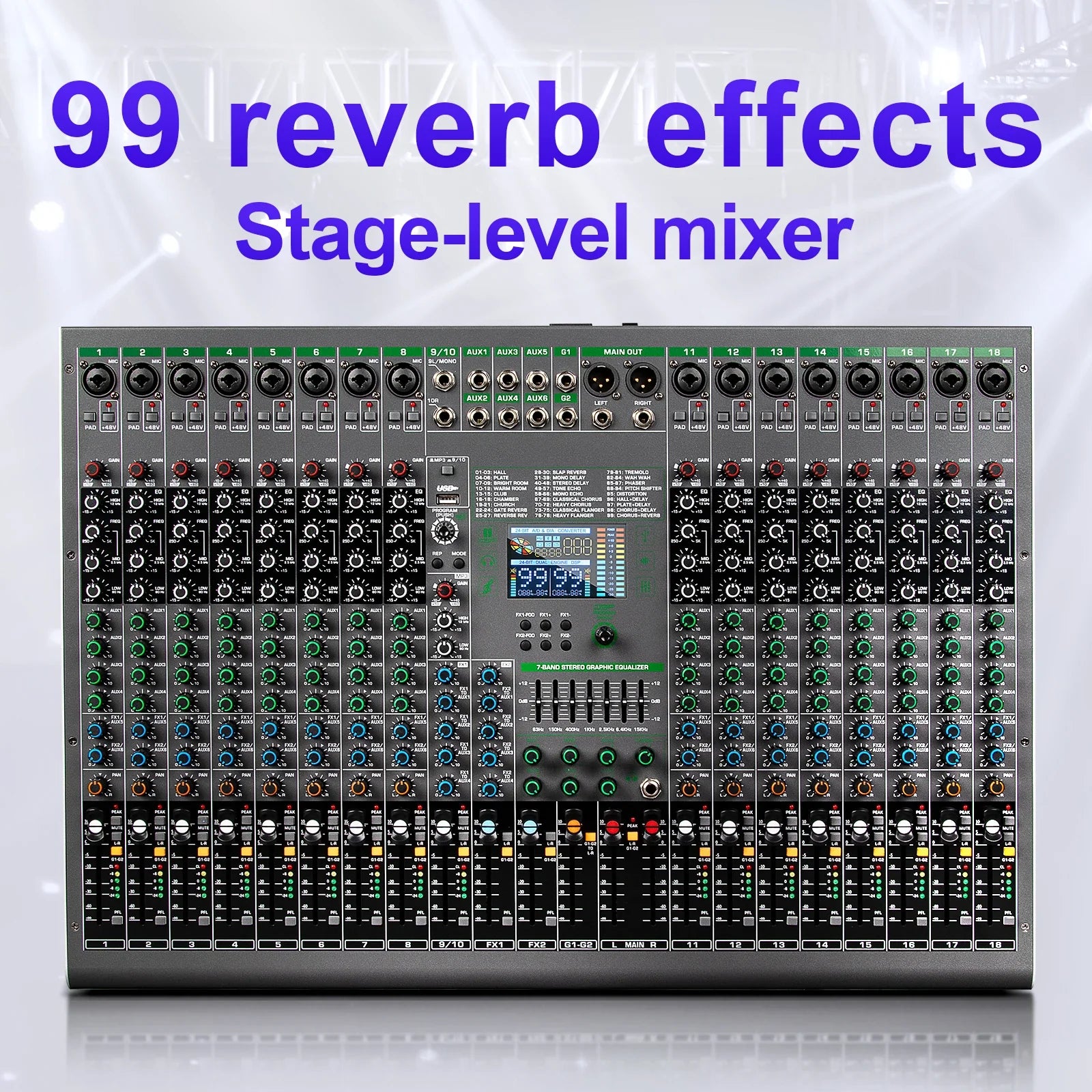 Depusheng digital stage-level mixer with 18 channels 99 reverb effects black silver metallic chassis with colorful knobs