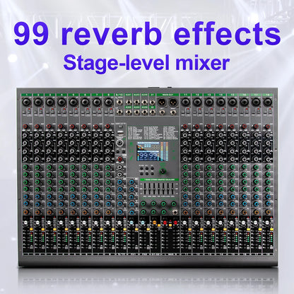 Depusheng digital stage-level mixer with 18 channels 99 reverb effects black silver metallic chassis with colorful knobs
