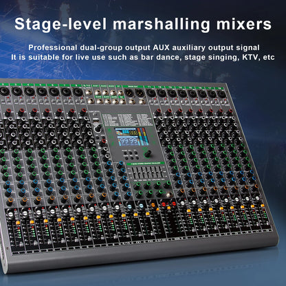 Black and silver depusheng digital mixer with colorful knobs multiple ports and digital display for professional audio use