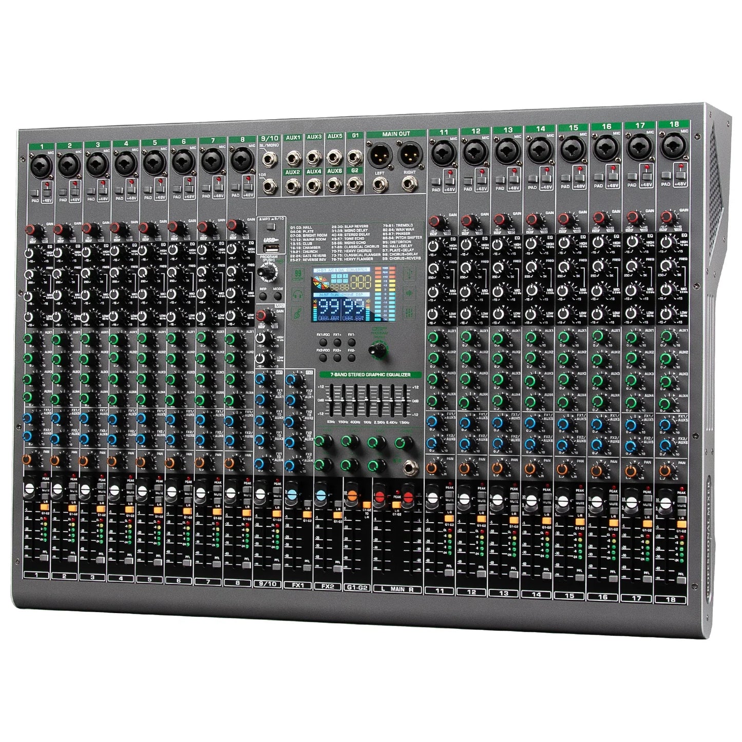Gray Depusheng digital mixer with black knobs green and blue sliders and central display for professional audio mixing