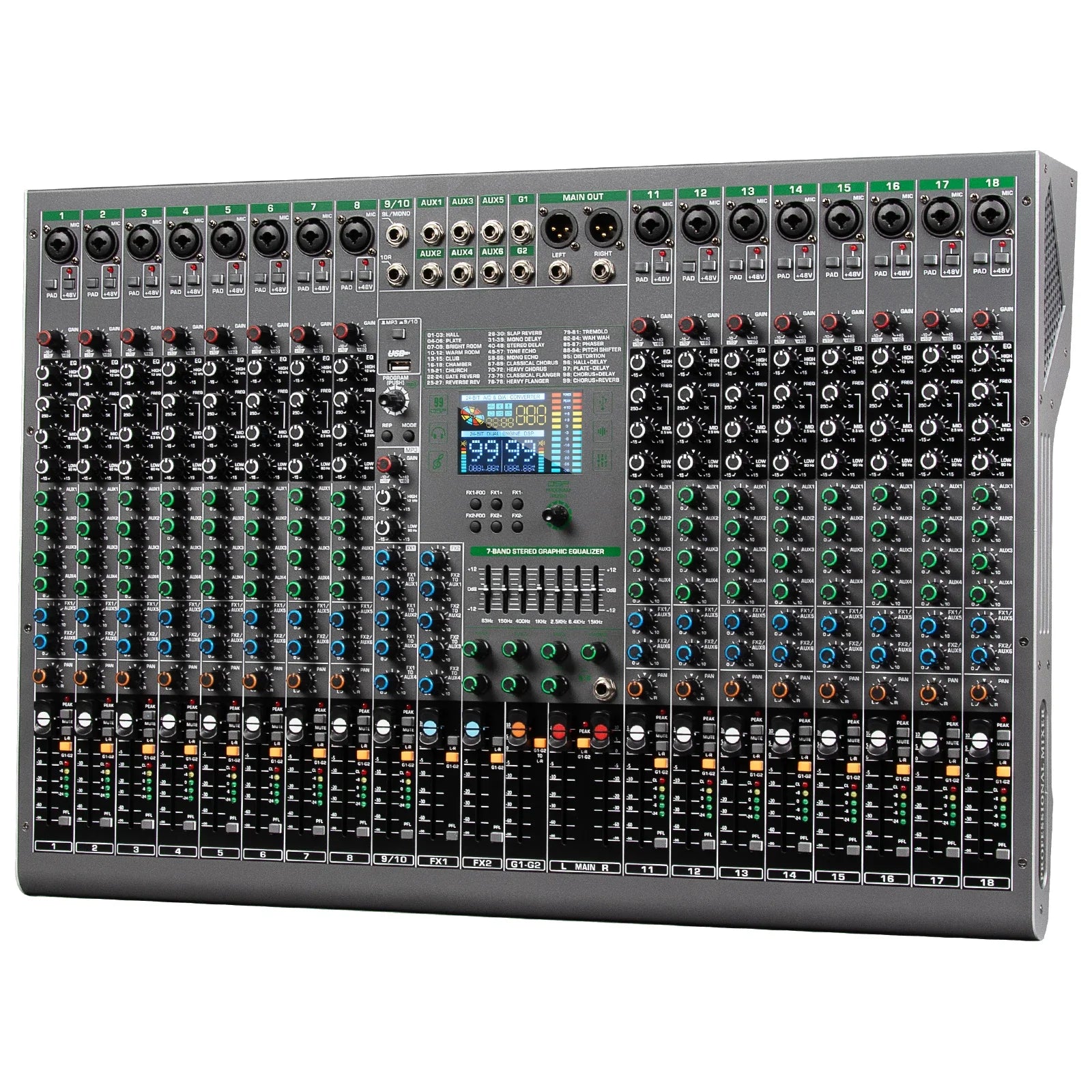 Gray Depusheng digital mixer with black knobs green and blue sliders and central display for professional audio mixing