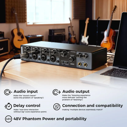 Black depusheng mq44 professional 4 channels audio interface with asio driver high impedance and multiple front panel jacks and knobs