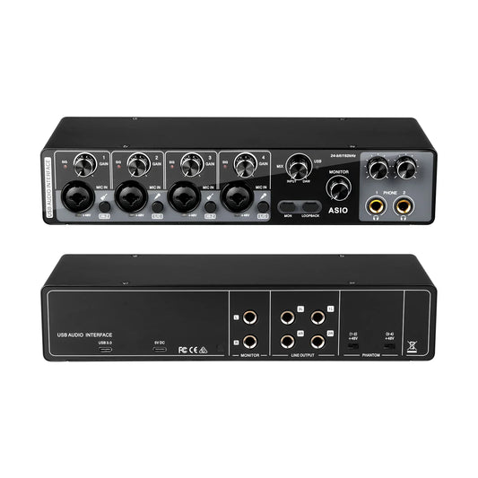 Depusheng MQ44 professional black audio interface with four XLR inputs USB 3.0 and ASIO driver high impedance