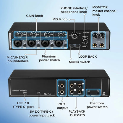 Black Depusheng MQ44 professional channels audio interface with blue-lit knobs USB 3.0 Type-C and ASIO driver high impedance