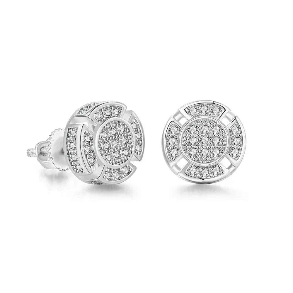 Silver stud designer piercing ear with circular geometric pattern and clear cubic zirconia stones for hip hop unusual style