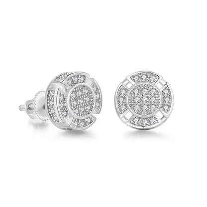 Silver stud designer piercing ear with circular geometric pattern and clear cubic zirconia stones for hip hop unusual style