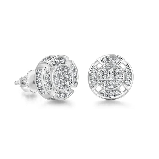 Silver stud designer piercing ear with circular geometric pattern and clear cubic zirconia stones for hip hop unusual style