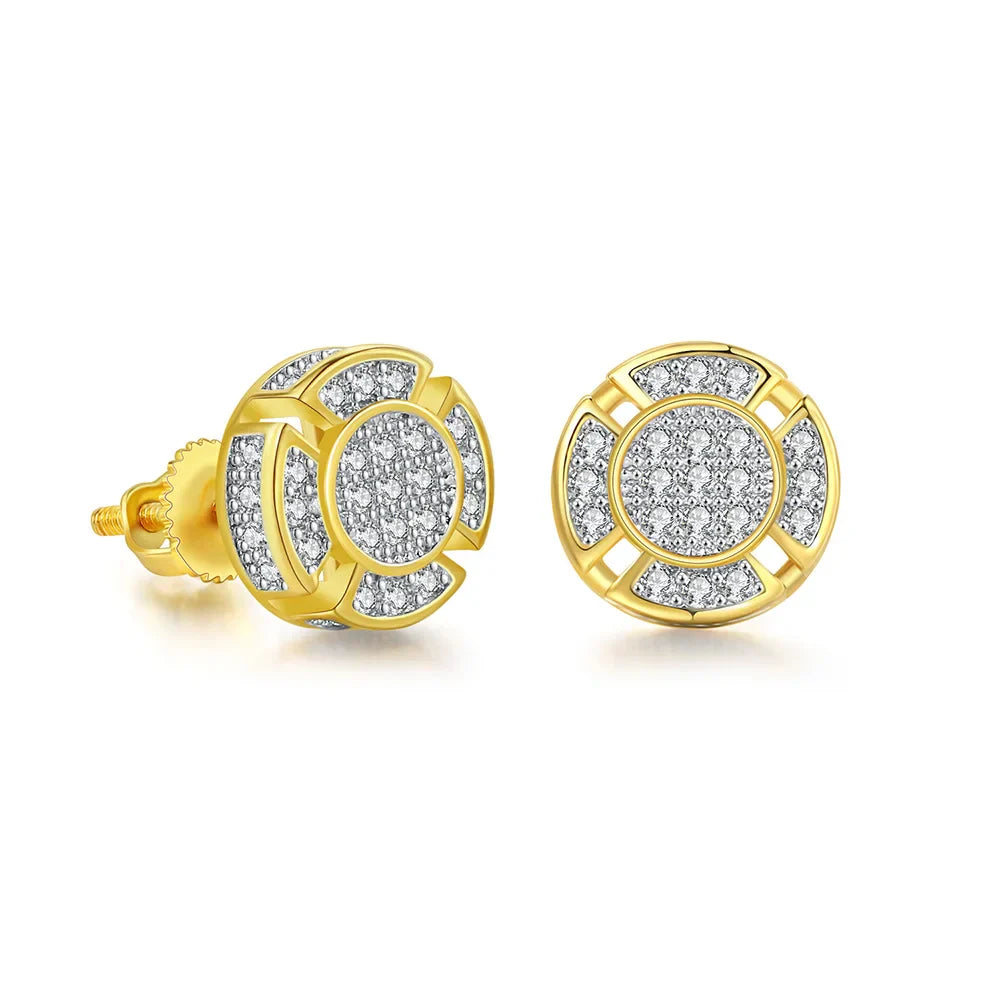 Gold-plated designer piercing ear studs with intricate geometric patterns and clear cubic zirconia for hip hop unusual punk rock earings