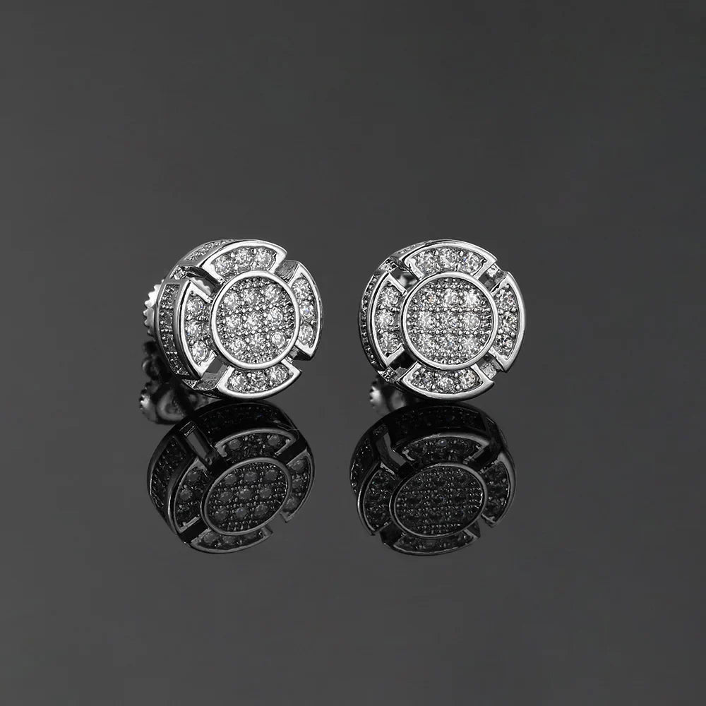 Silver stud designer piercing ear with circular pave-set diamonds and geometric detailing for hip hop unusual punk rock earings