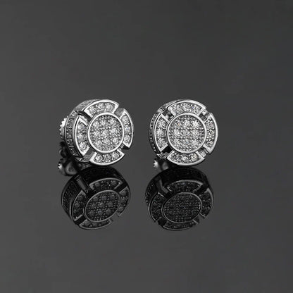 Silver stud designer piercing ear with circular pave-set diamonds and geometric detailing for hip hop unusual punk rock earings