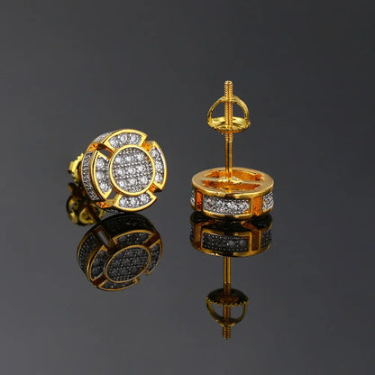 Gold-tone designer piercing ear stud earrings with circular diamond-encrusted clear and dark stones for hip hop unusual punk rock earings