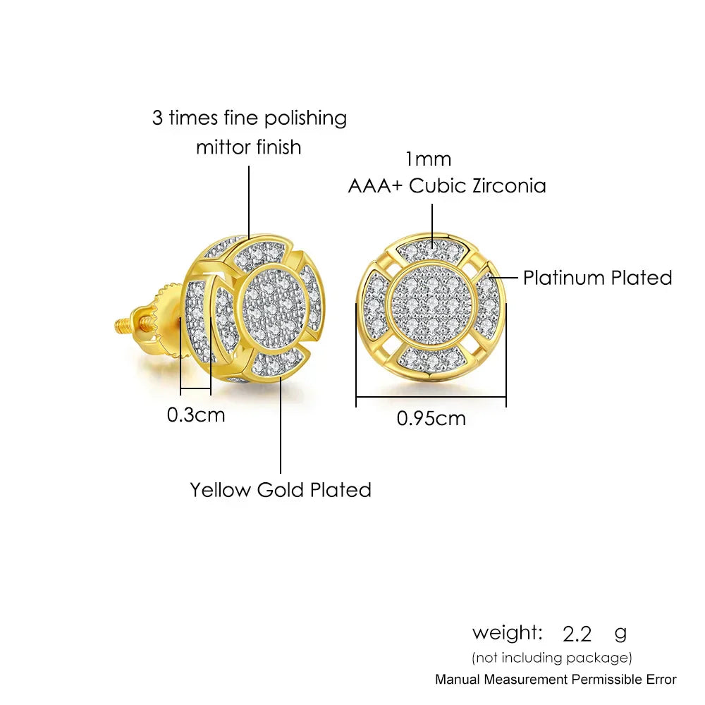 Yellow gold plated stud earrings with aaa+ cubic zirconia and fine polishing mittor finish for hip hop unusual punk rock earings