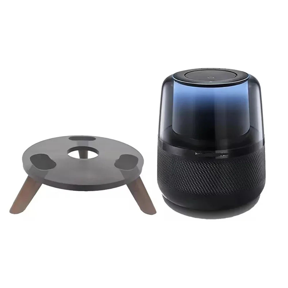 Black cylindrical desktop audio stand with gradient blue translucent top and solid wood base for harman kardon aura and 4th huaqiangbei lp90