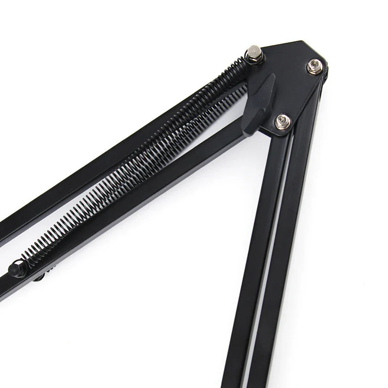 Black adjustable desk lamp arm with spring-loaded mechanism and metallic screws for desktop cantilever microphone stand