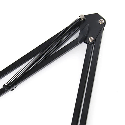 Black adjustable desk lamp arm with spring-loaded mechanism and metallic screws for desktop cantilever microphone stand