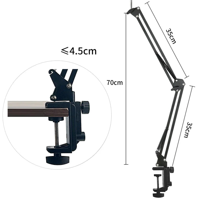 Black adjustable desk lamp arm with articulated joints and clamp base for desktop cantilever microphone stand use