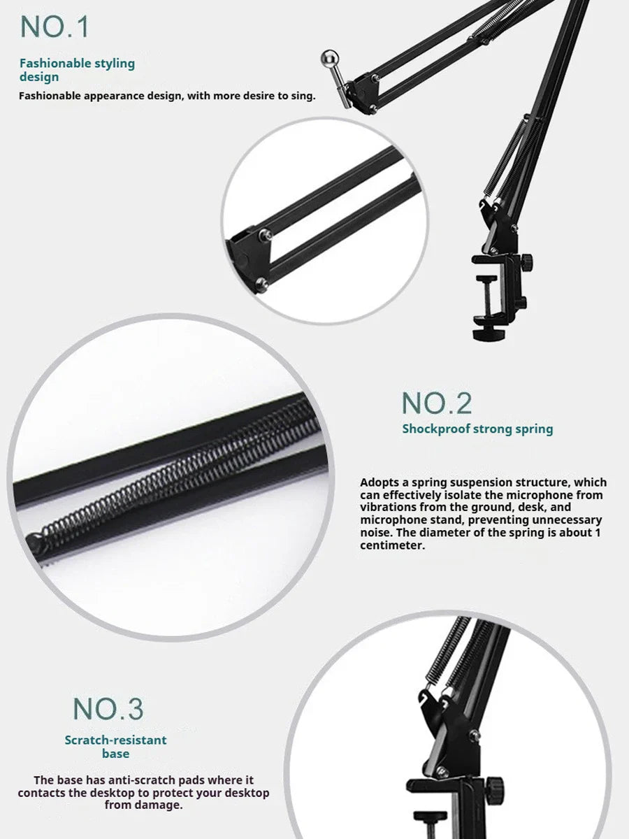 Black desktop cantilever microphone stand with spring suspension and anti-scratch base for live streaming and recording
