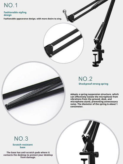Black desktop cantilever microphone stand with spring suspension and anti-scratch base for live streaming and recording
