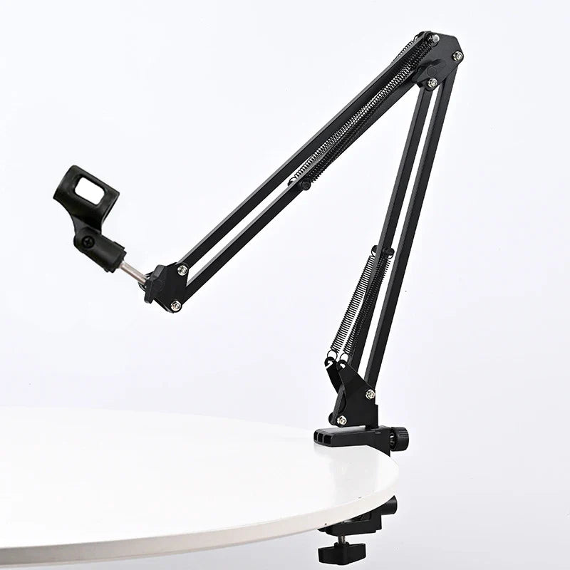 Black adjustable desktop cantilever microphone stand with articulated joints and spring-loaded shock mount for bm800 recording