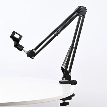 Black adjustable desktop cantilever microphone stand with articulated joints and spring-loaded shock mount for bm800 recording
