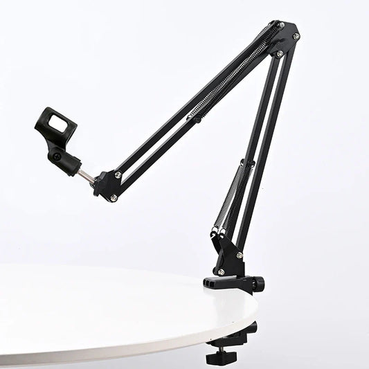 Black adjustable desktop cantilever microphone stand with articulated joints and spring-loaded shock mount for bm800 recording