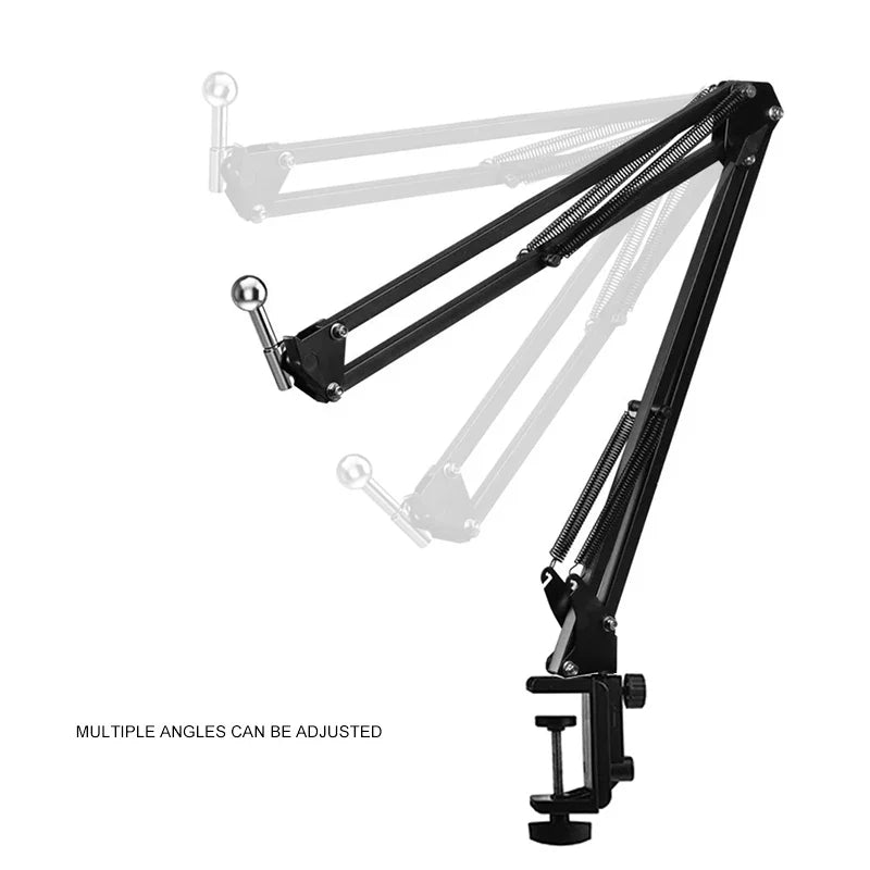 Black adjustable cantilever microphone arm with clamp base and ball joints for flexible positioning and live streaming use