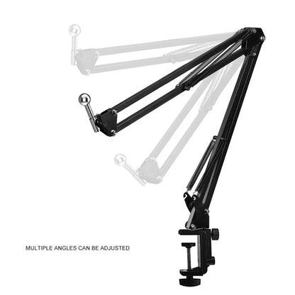 Black adjustable cantilever microphone arm with clamp base and ball joints for flexible positioning and live streaming use