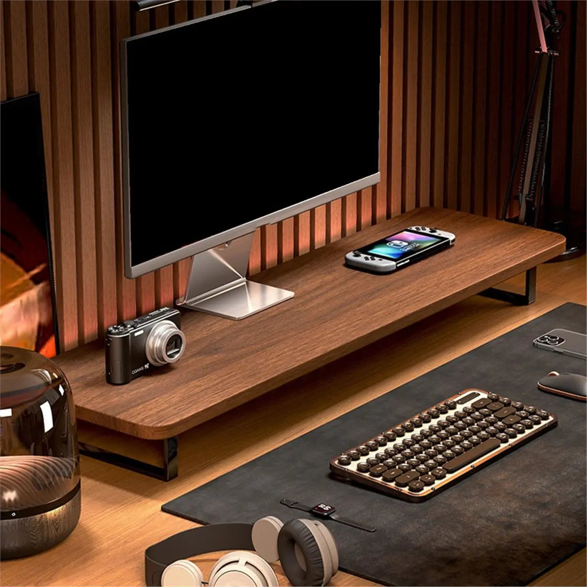 A sleek wooden monitor stand organizer with matte finish and black metal legs for office desktop use