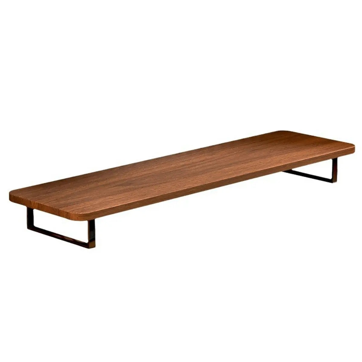 A sleek wooden desktop monitor stand organizer with warm brown finish and black metal legs for office use