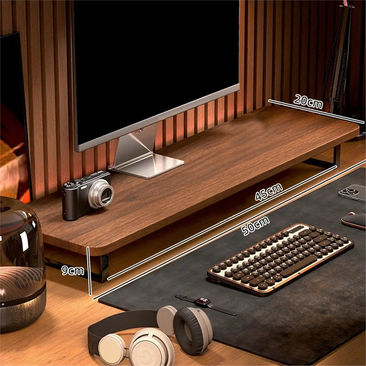 Wooden desktop computer stand with warm brown finish and black metal legs designed as a monitor stand organizer for office use