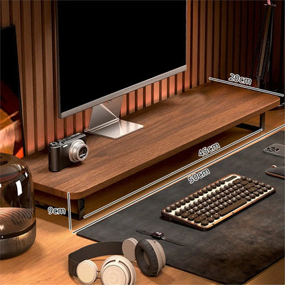 Wooden desktop computer stand with warm brown finish and black metal legs designed as a monitor stand organizer for office use