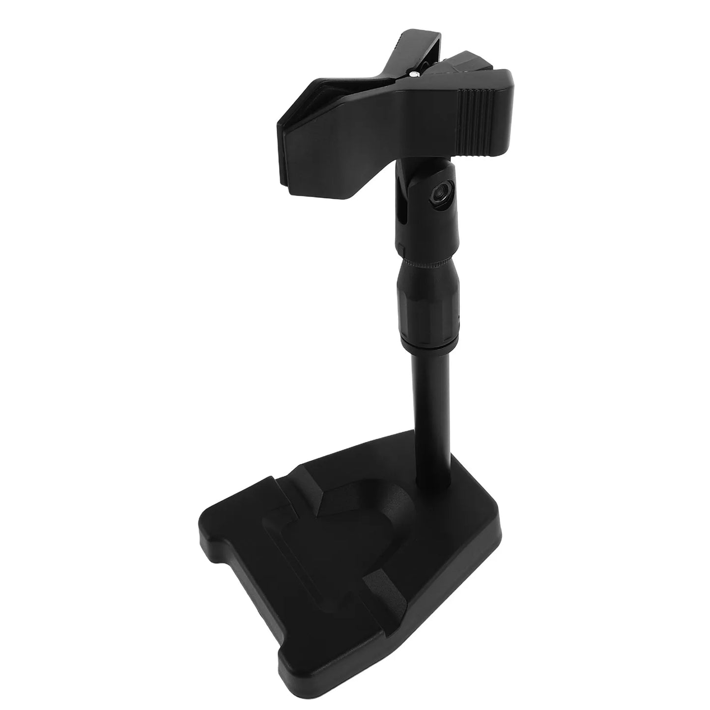 Black plastic desktop microphone stand with adjustable height and spring clip fixation for clip fixation recording
