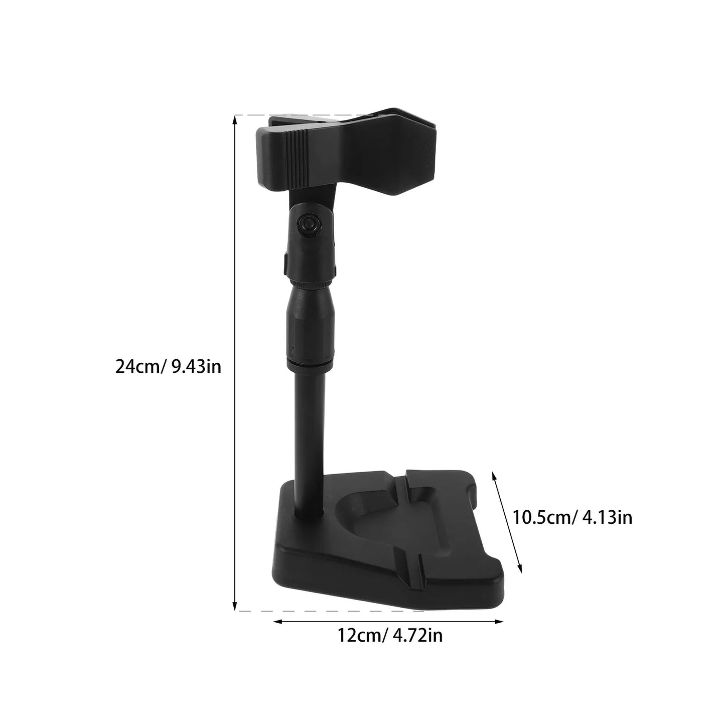 Black plastic desktop microphone stand with adjustable height and spring clip fixation for clip fixation recording