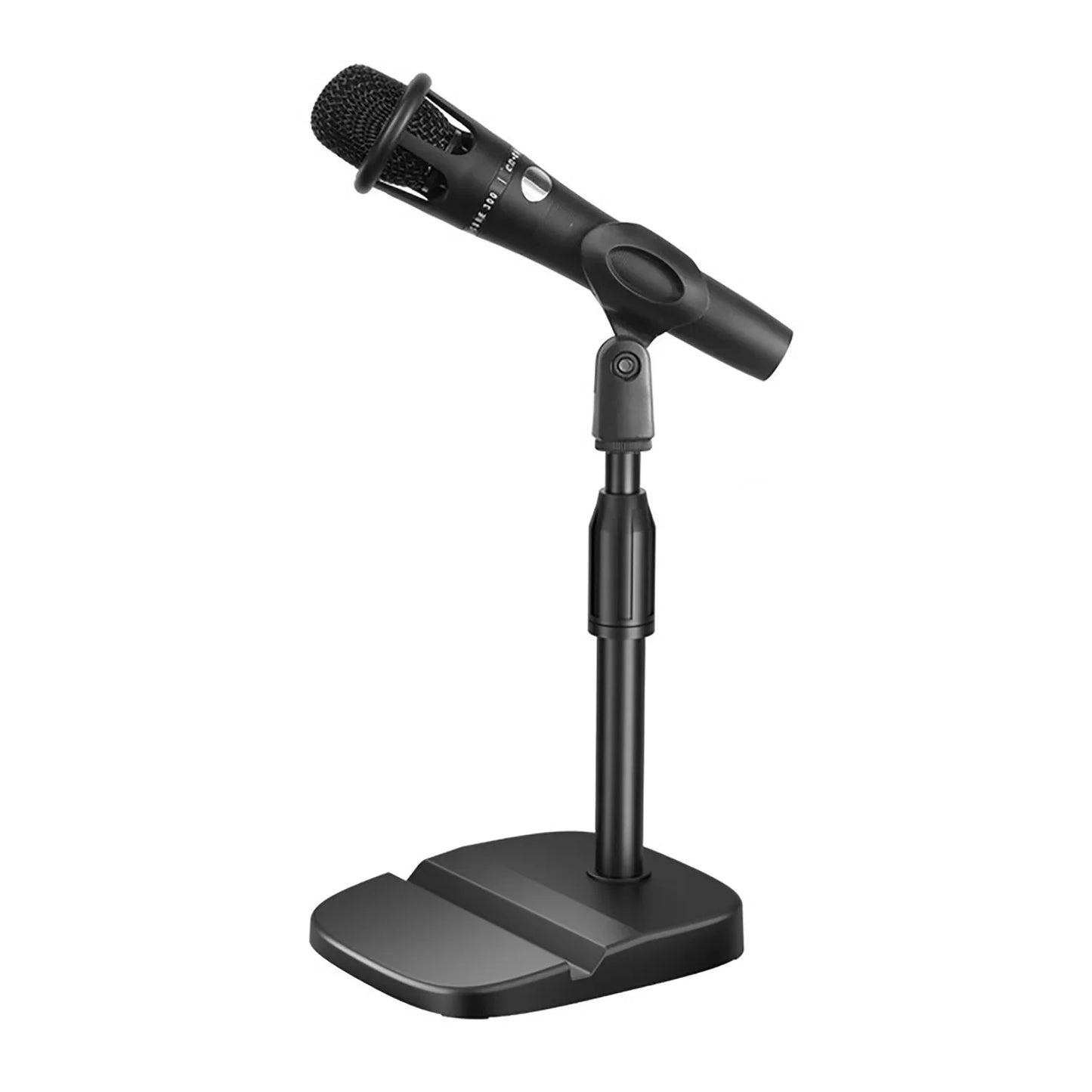 Black condenser microphone mounted on a desktop microphone stand with adjustable scratch resistant prevent slip table and phone tablet slot