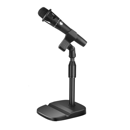 Black handheld microphone mounted on an adjustable desktop microphone stand with prevent slip table and phone tablet slot
