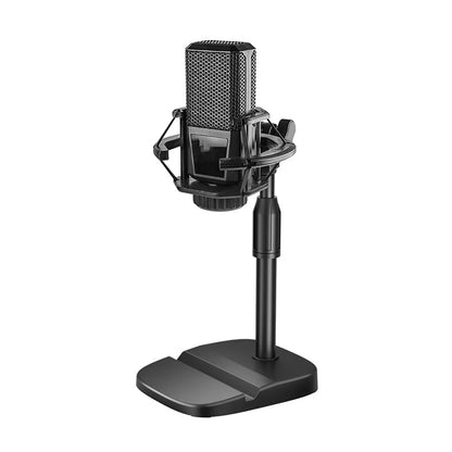 Black condenser microphone with mesh grille mounted on adjustable desktop microphone stand with prevent slip table and phone tablet slot