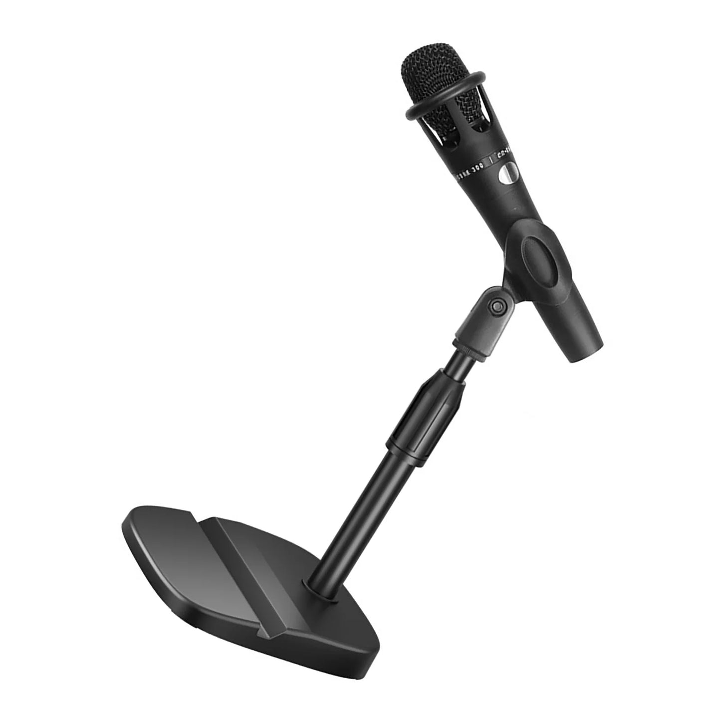 Black condenser microphone mounted on a black adjustable desktop microphone stand with scratch resistant table mic holder and phone slot