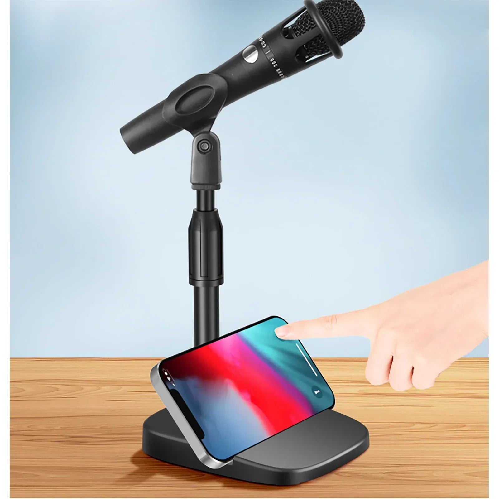 Black adjustable desktop microphone stand with integrated phone holder and scratch resistant table mic holder for studio use