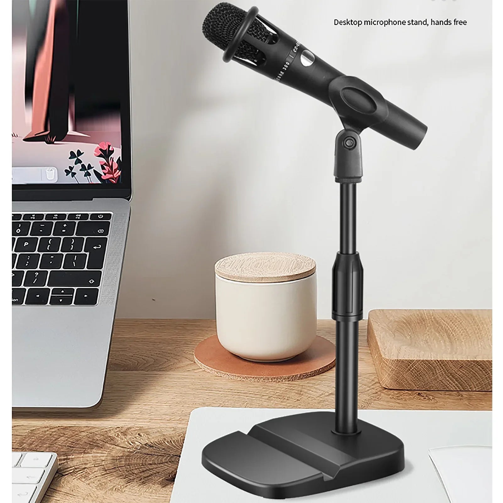 Black desktop microphone stand with adjustable height and prevent slip table base with phone tablet slot for recording studio