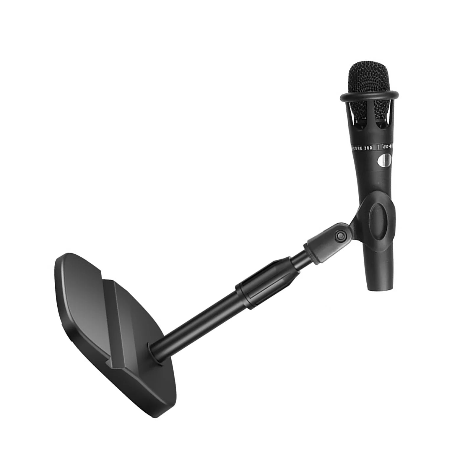 Black adjustable desktop microphone stand with prevent slip table base and phone tablet slot for recording studio use