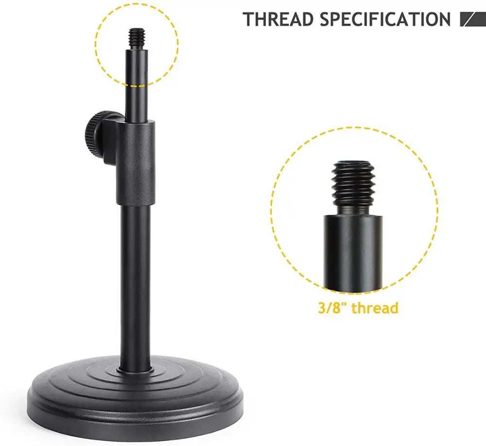 Black adjustable desktop microphone stand with 3/8 inch threaded top for at2020usb+ and adjustable table mic use