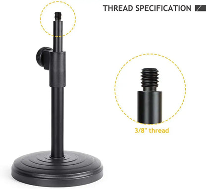 Black adjustable desktop microphone stand with 3/8 inch threaded top for at2020usb+ and adjustable table mic use
